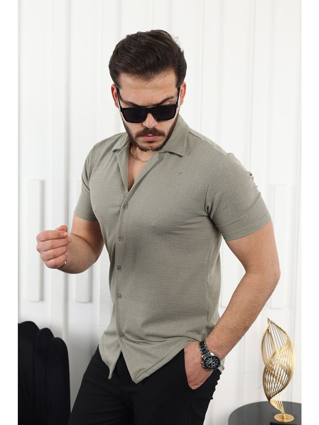 Yeşil Kendinden Desenli Kısa Kol Keten Gömlek-2