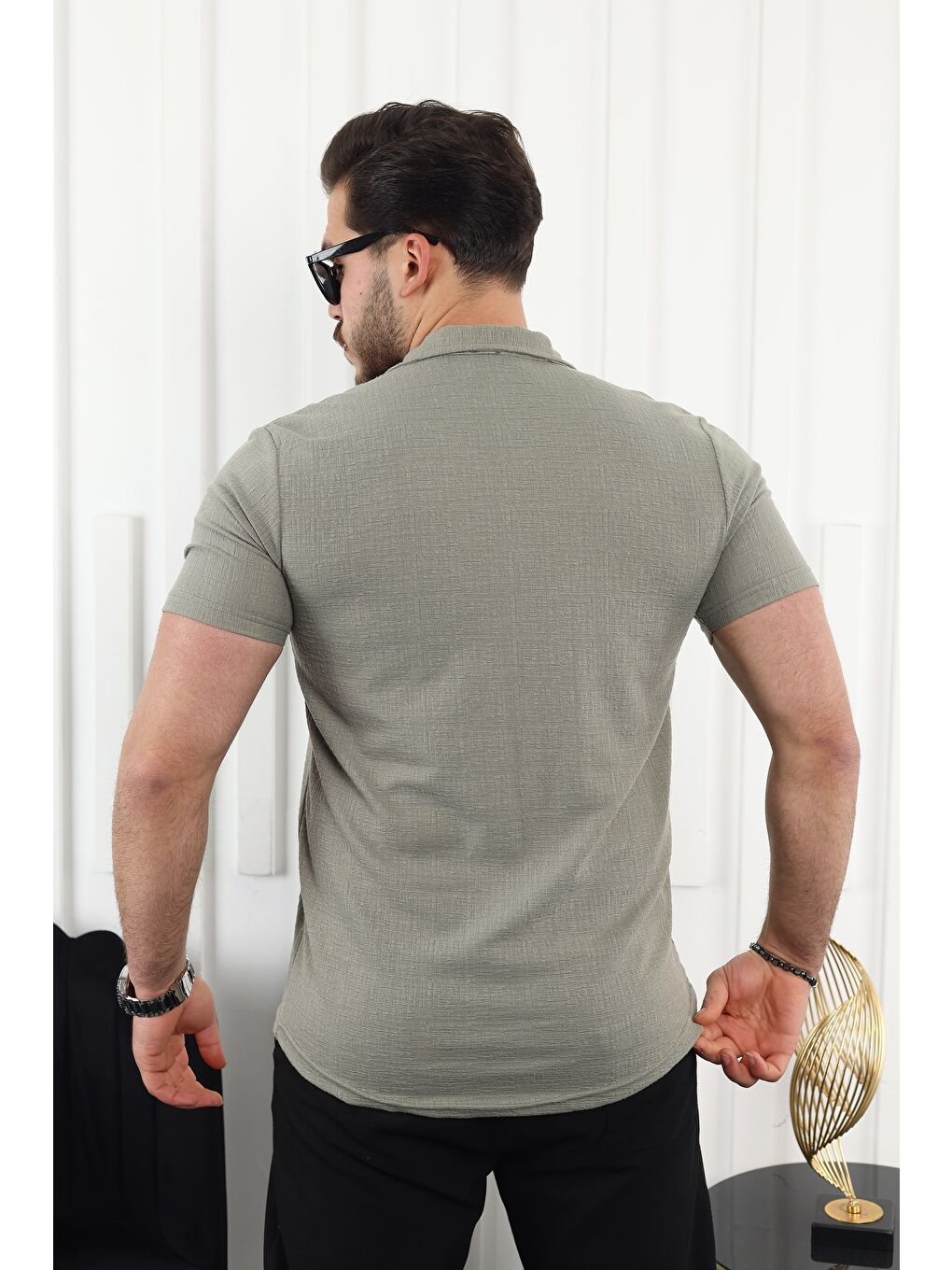 Yeşil Kendinden Desenli Kısa Kol Keten Gömlek-3