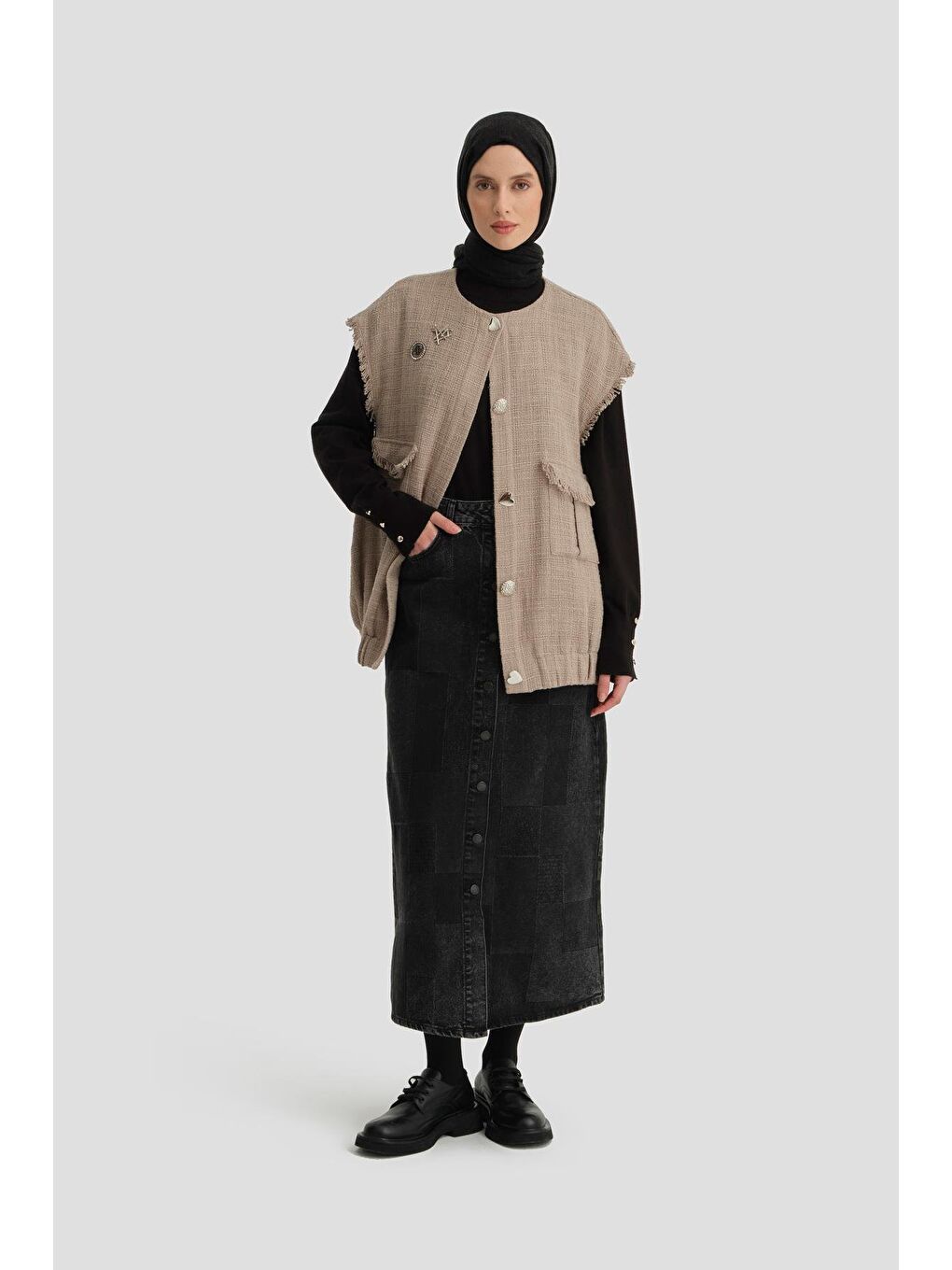 Bej Tüvit, Broşlu Yelek 24K4205 Vizon-2