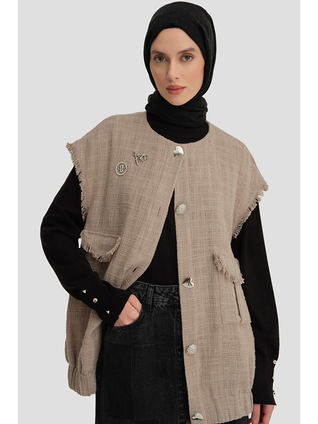 Bej Tüvit, Broşlu Yelek 24K4205 Vizon-3