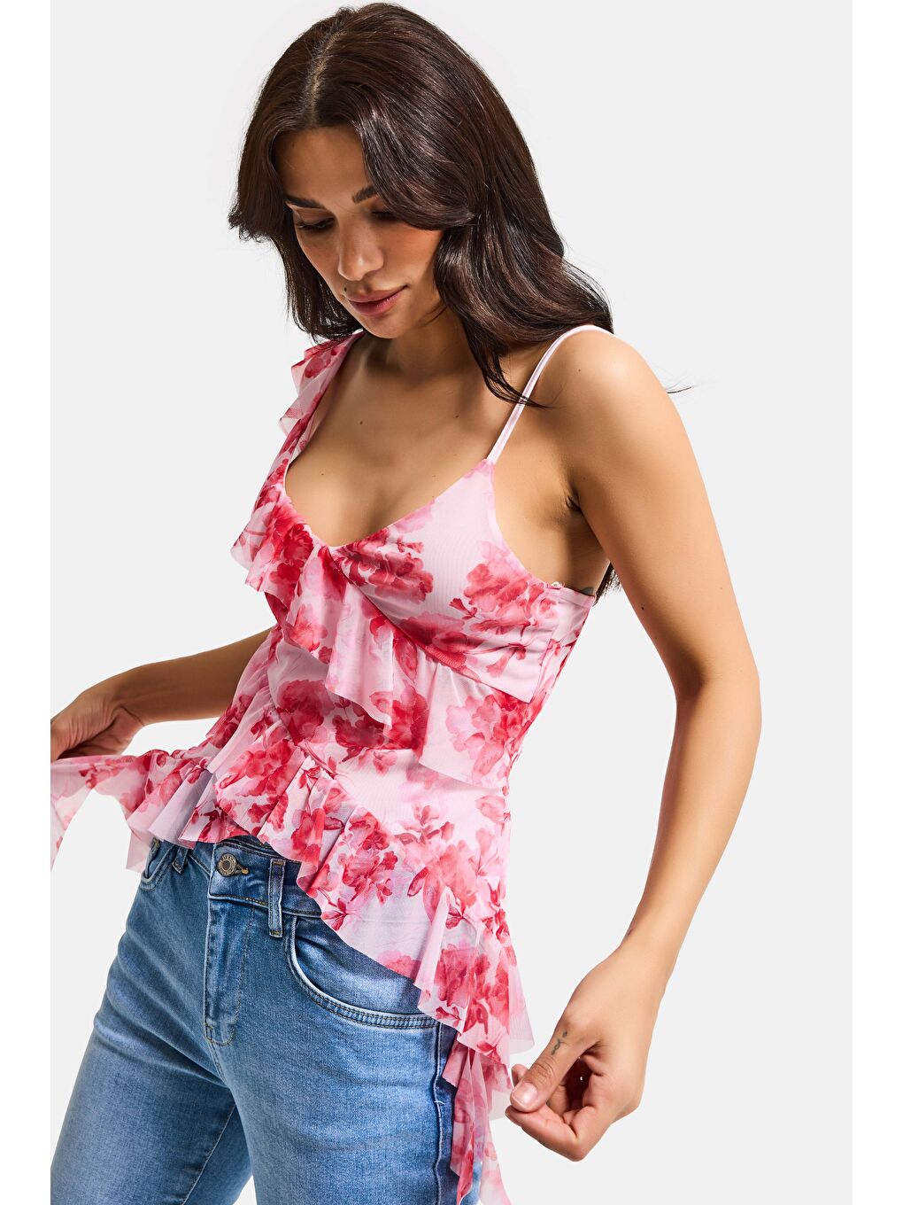 Kadın Pembe Baskılı s6 Çiçek Desen-7 Asimetrik Kesim Askılı Bluz-4