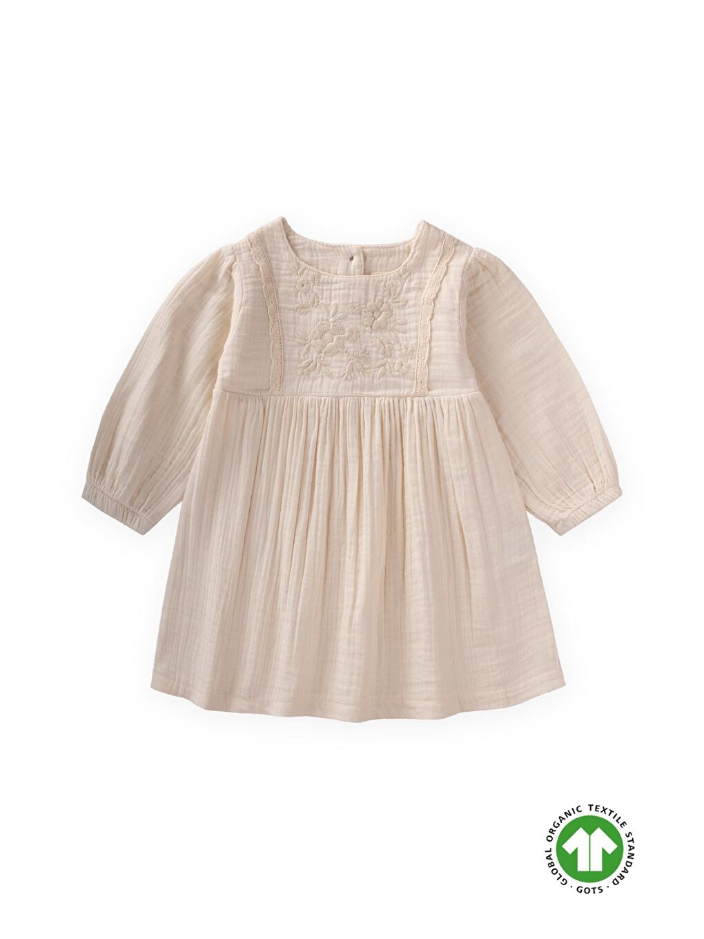 Ekru Kız Çocuk Nakışlı Müslin Elbise