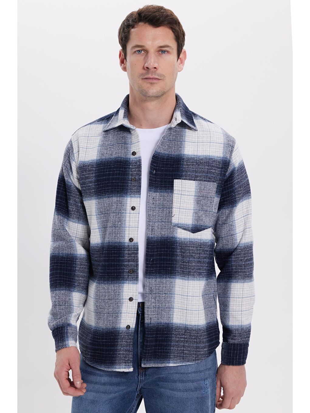 Lacivert Erkek Regular Fit Rahat Kesim Kışlık Kareli Oduncu Gömlek