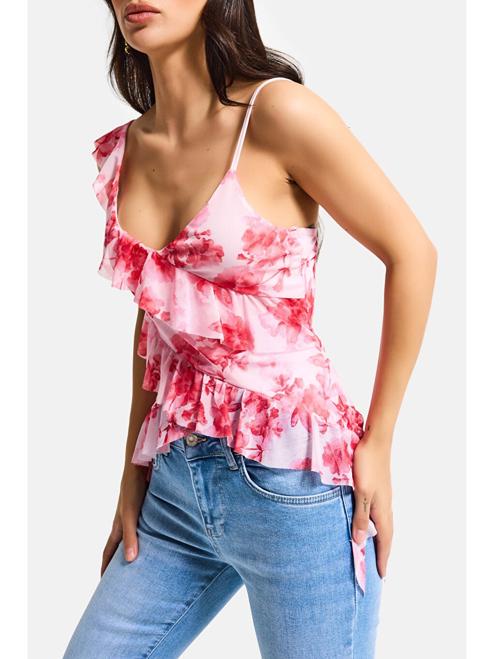 Kadın Pembe Baskılı s6 Çiçek Desen-7 Asimetrik Kesim Askılı Bluz-5