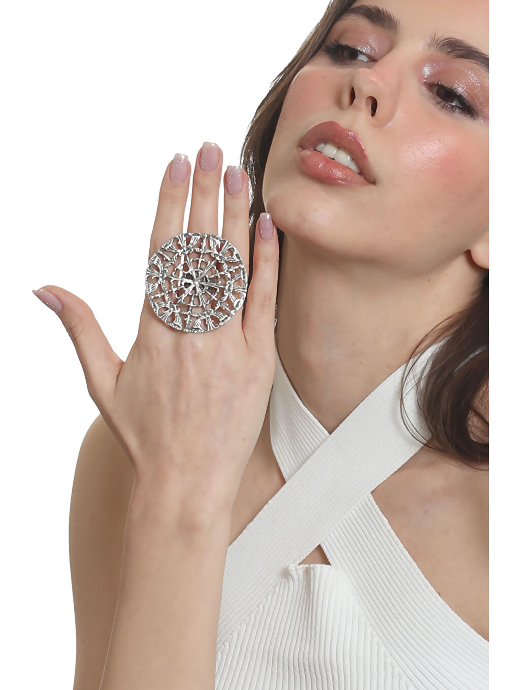 Gri Kadın Antik Gümüş Kaplama Ayarlanabilir Örümcek Ağı Figürlü Yüzük-3