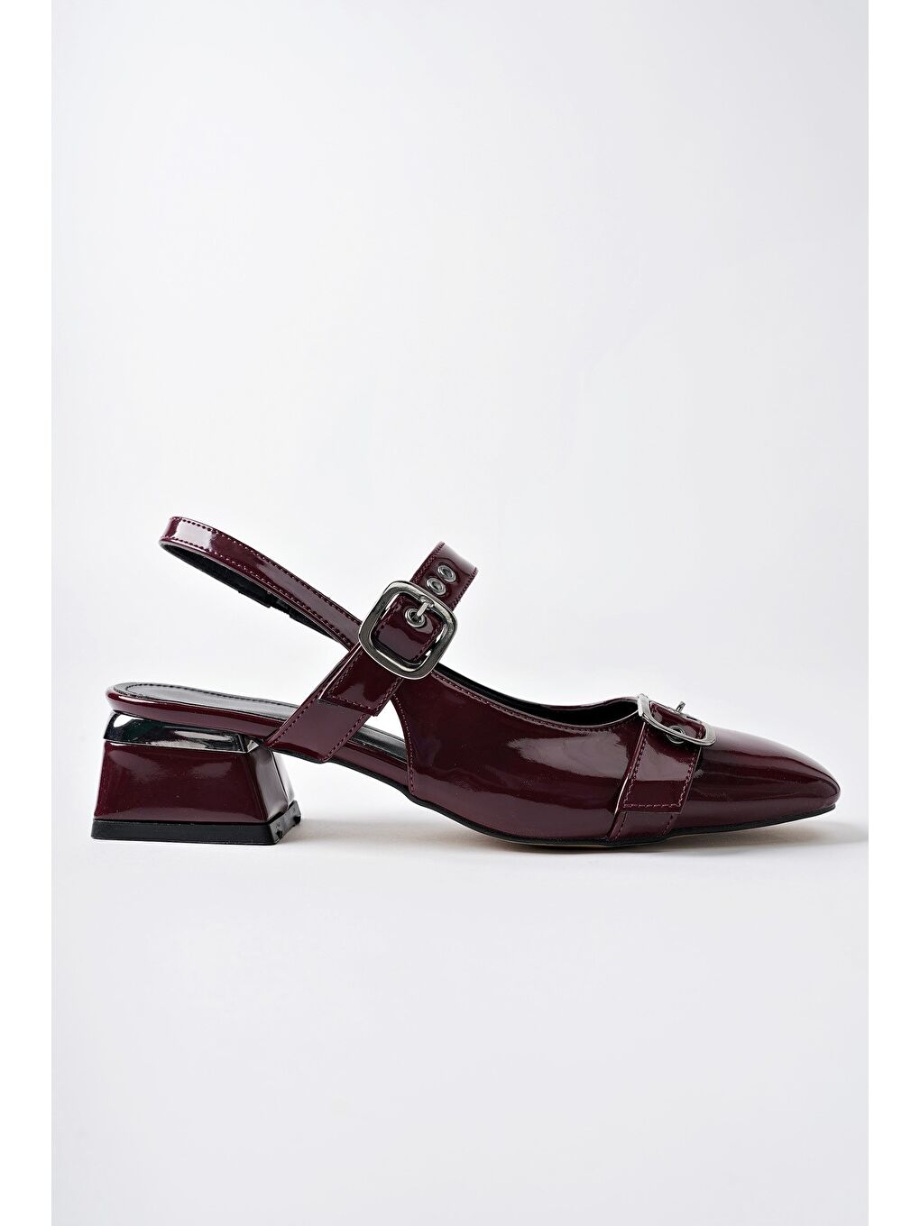 Bordo YUQİ Arkası Açık Küt Burun Çift Kemerli Kadın Günlük Klasik Kısa Topuklu Ayakkabı-4