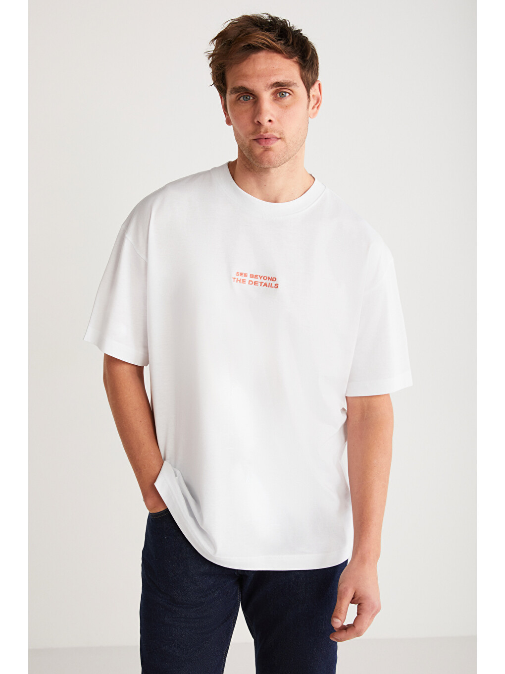 Beyaz VITO Erkek %100 Organik Pamuklu Nakış Yazı Detaylı Oversize Bol Kesim Kısa Kollu BEYAZ T-Shirt-2