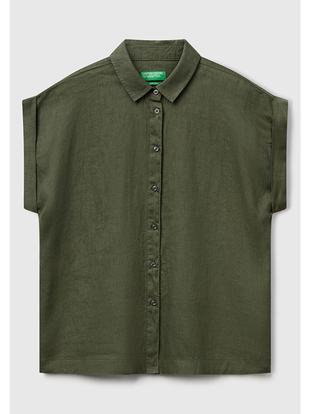 Kadın Haki %100 Keten Omuz Detaylı Kısa Kollu Gömlek-1