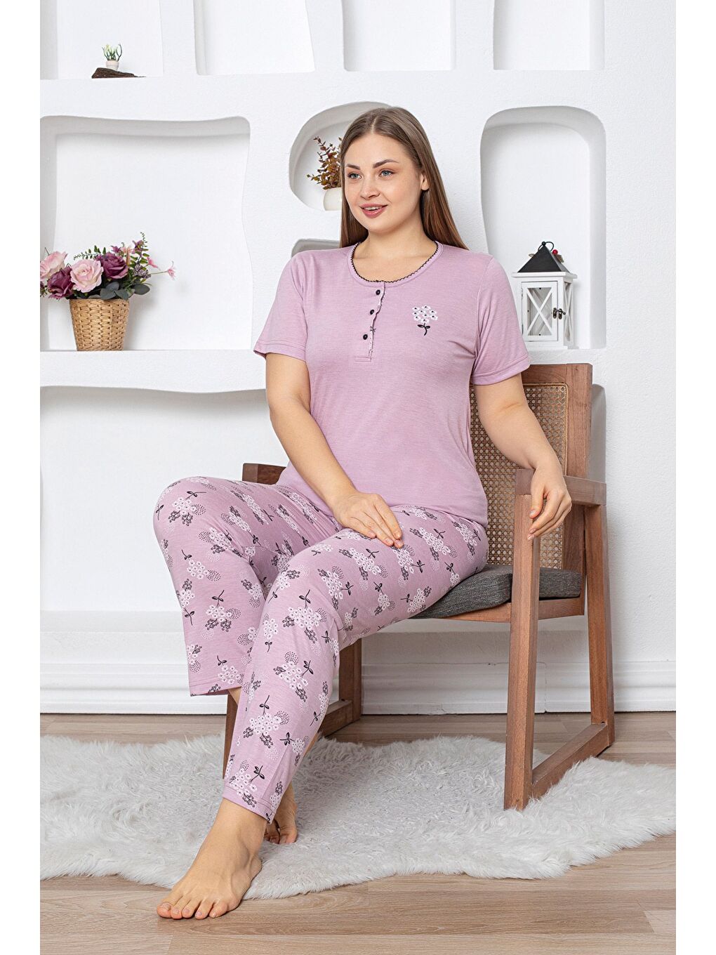 Mor Çiçek Desenli Büyük Beden Pijama Takımı