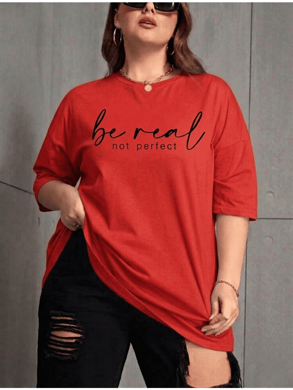 Kırmızı Be Real Kadın Büyük Beden Battal Baskılı Bisiklet Yaka Pamuklu T-Shirt Rahat Kesim Unisex Sevgili Ko