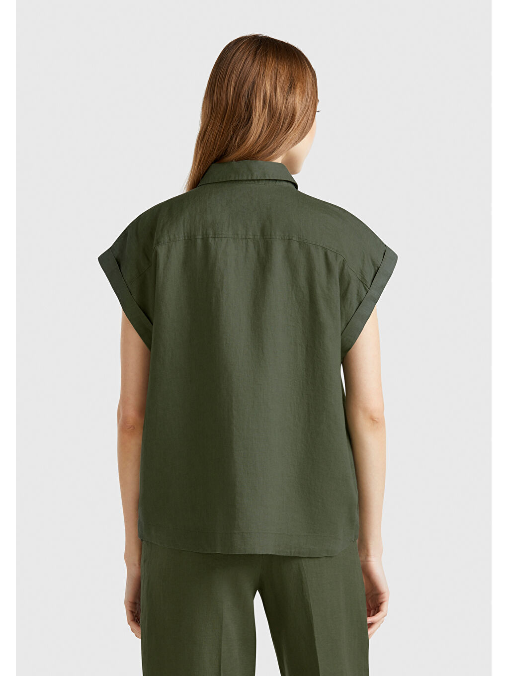 Kadın Haki %100 Keten Omuz Detaylı Kısa Kollu Gömlek-2