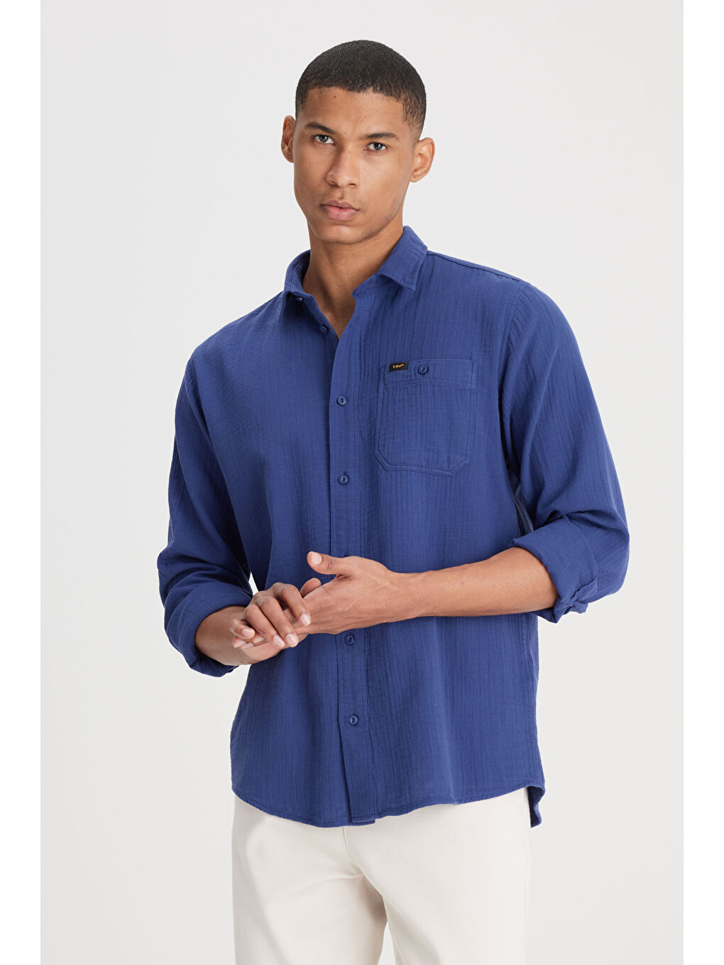 Relaxed Fit Geniş Kesim %100 Pamuk Lacivert Gömlek-1