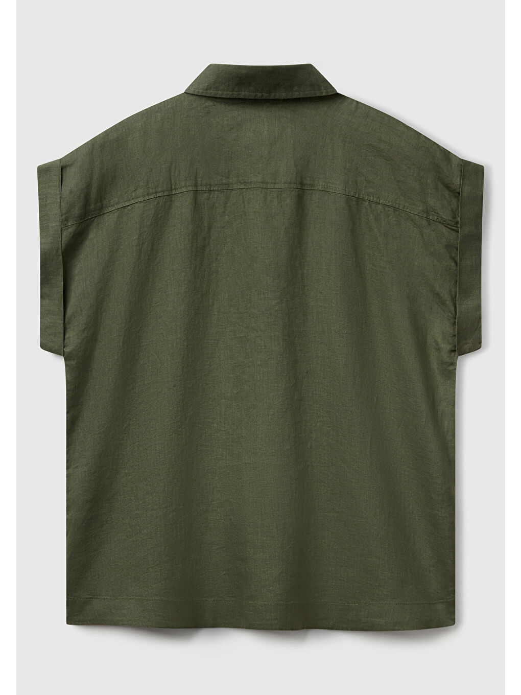 Kadın Haki %100 Keten Omuz Detaylı Kısa Kollu Gömlek-3