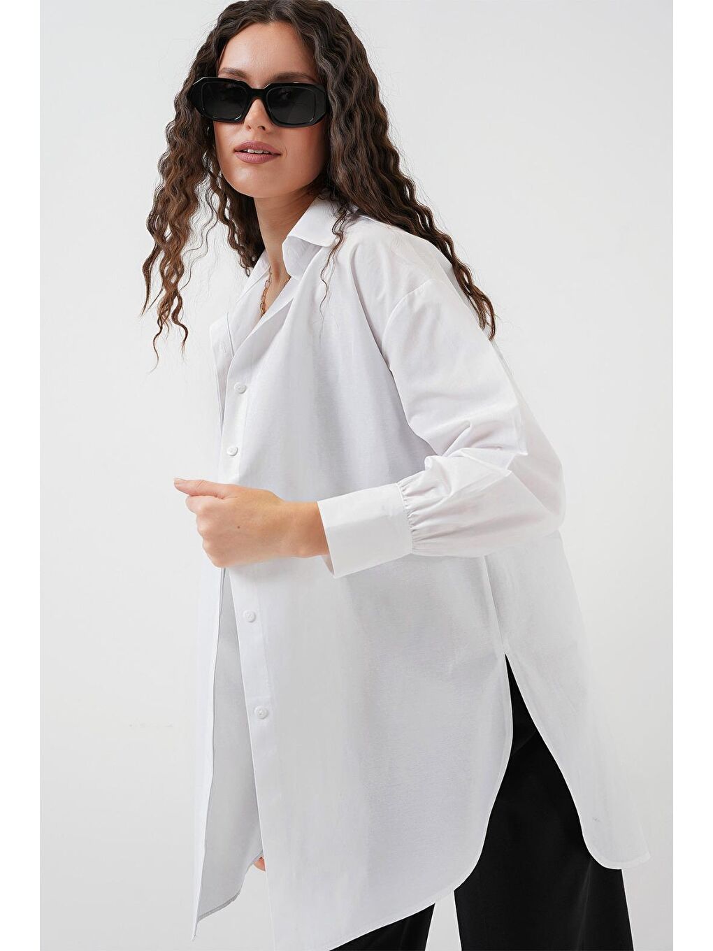 5946 Oversize Uzun Gömlek Tunik - Beyaz