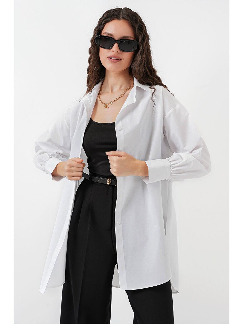 5946 Oversize Uzun Gömlek Tunik - Beyaz-2