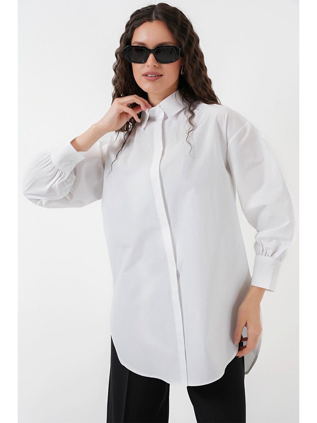 5946 Oversize Uzun Gömlek Tunik - Beyaz-3