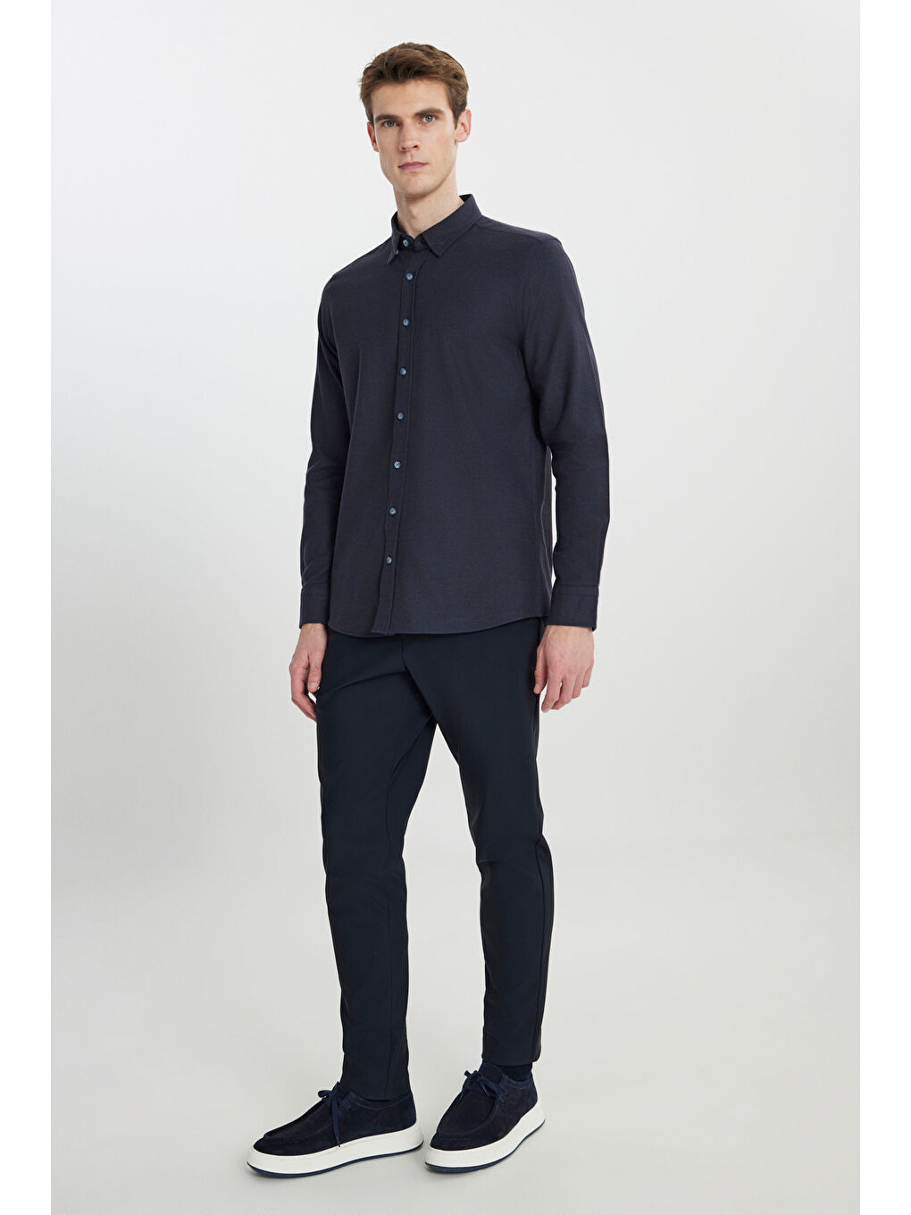 Erkek Lacivert %100 Pamuk Flanel Slim Fit Dar Kesim Gizli Düğmeli Yaka Gömlek-1