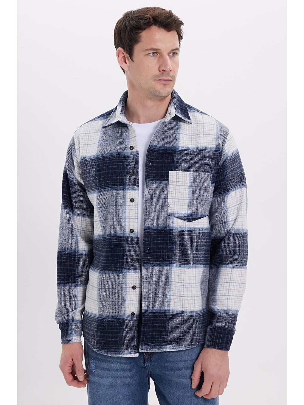 Lacivert Erkek Regular Fit Rahat Kesim Kışlık Kareli Oduncu Gömlek-4