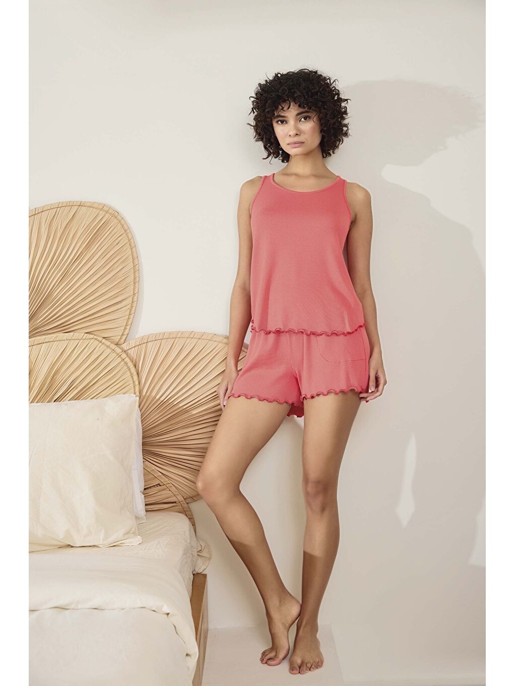 Kırmızı Kadın Modal Geniş Askılı Şortlu Pijama Takım