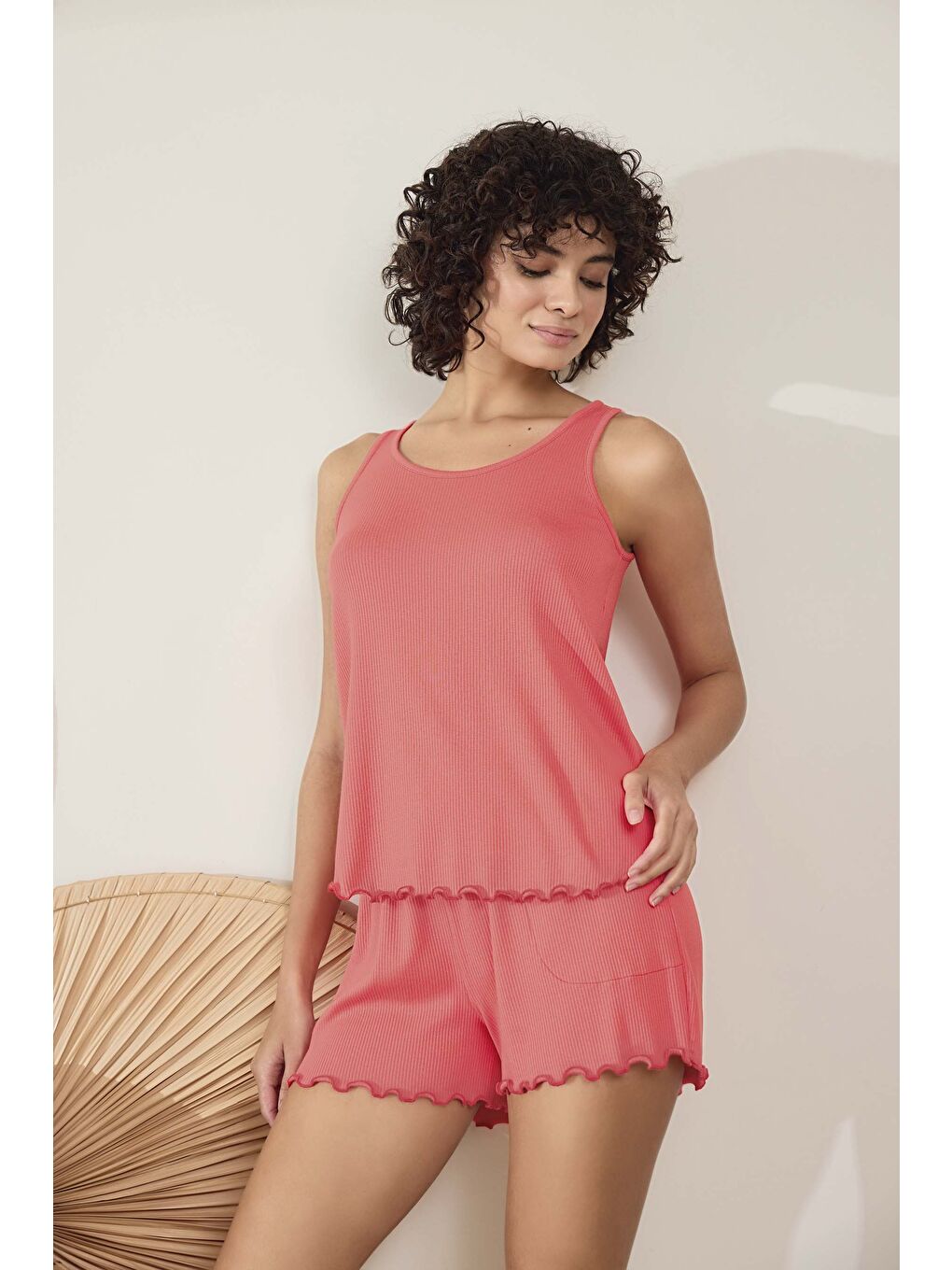 Kırmızı Kadın Modal Geniş Askılı Şortlu Pijama Takım-1