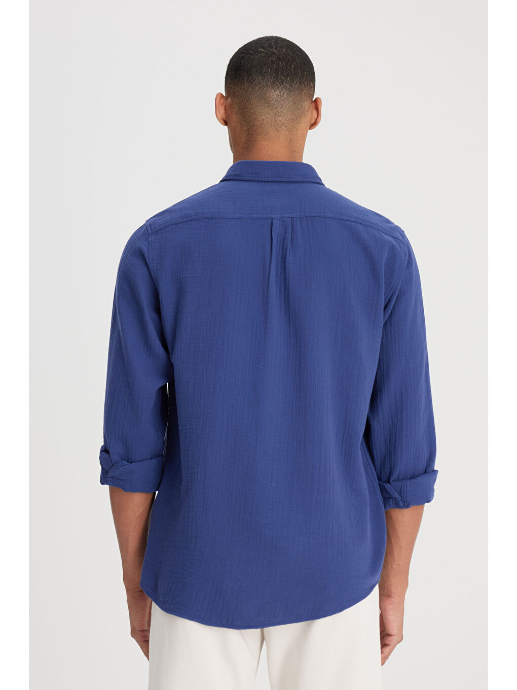Relaxed Fit Geniş Kesim %100 Pamuk Lacivert Gömlek-4