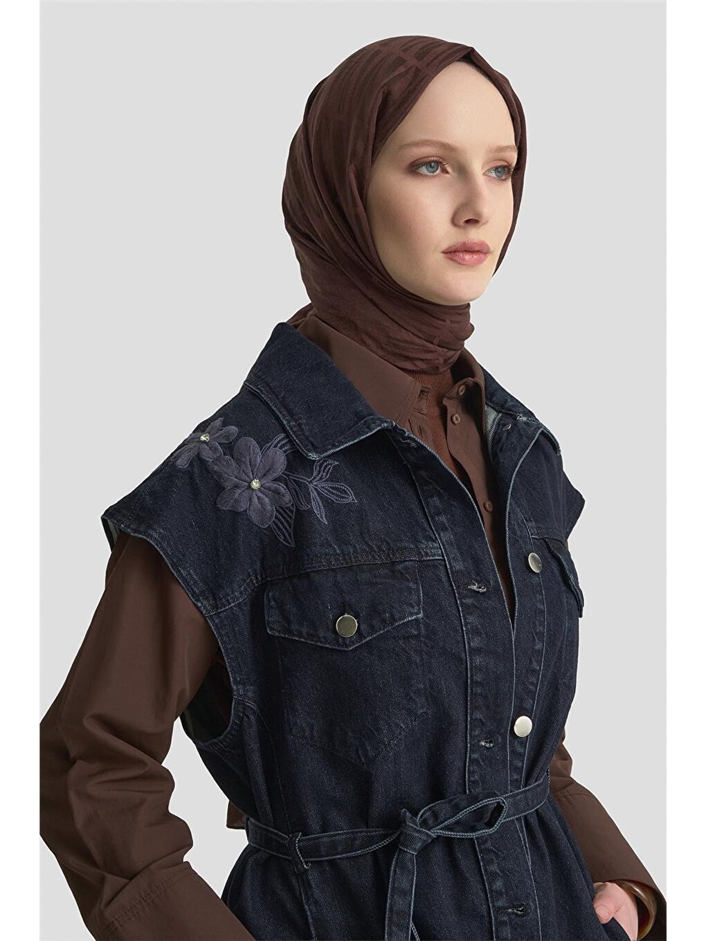 Nakışlı Denim Yelek 25Kd1009 Lacivert-1