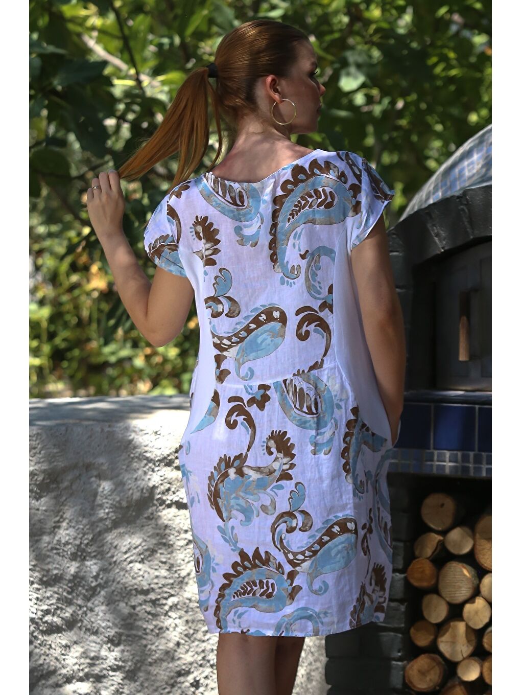 İtalyan Beyaz Kayık Yaka Düşük Kol Şal Desenli Gizli Cepli Casual Keten Dokuma Elbise 100 65-1