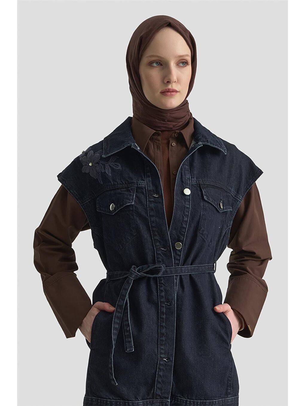 Nakışlı Denim Yelek 25Kd1009 Lacivert-3