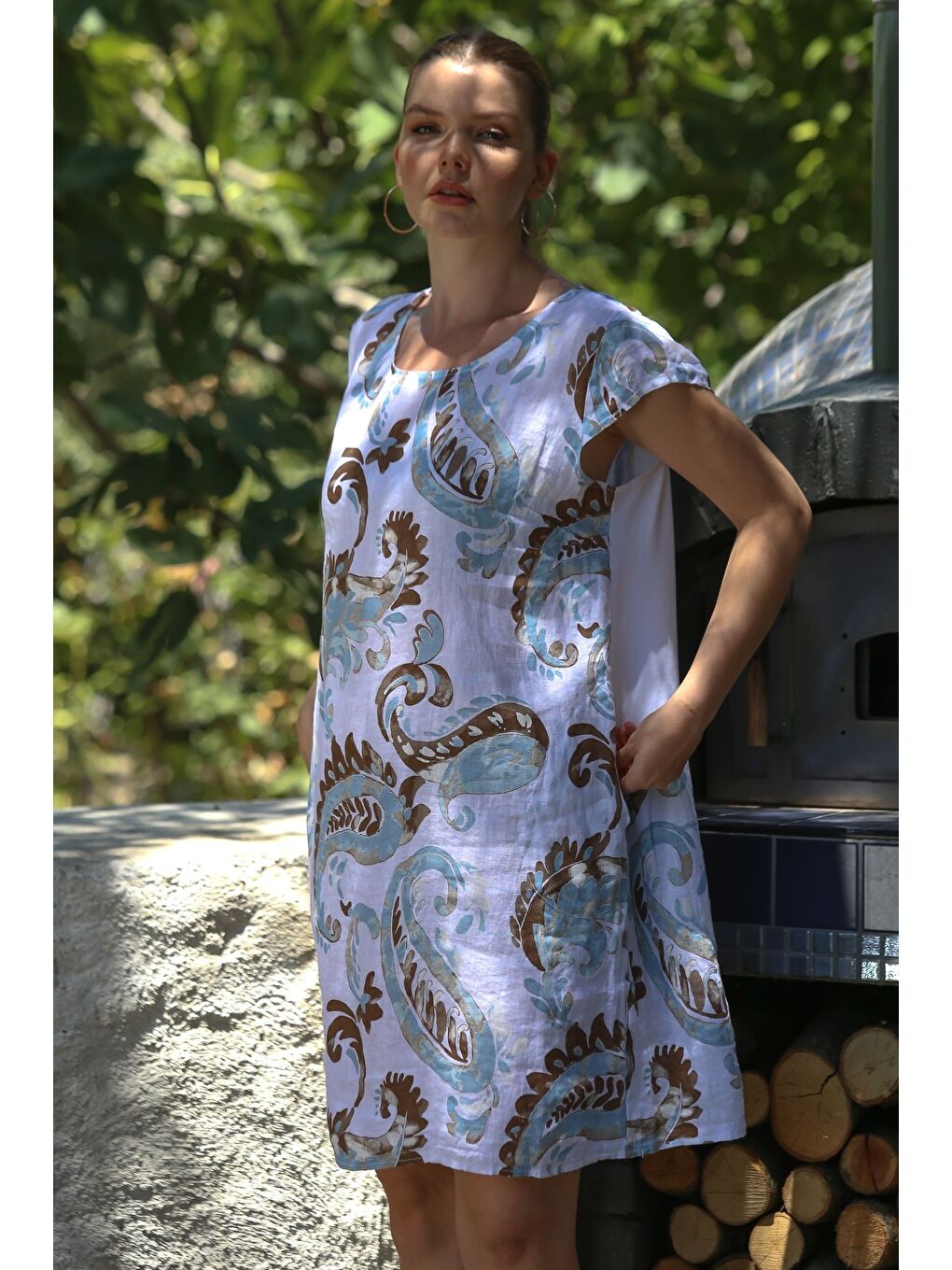 İtalyan Beyaz Kayık Yaka Düşük Kol Şal Desenli Gizli Cepli Casual Keten Dokuma Elbise 100 65-3