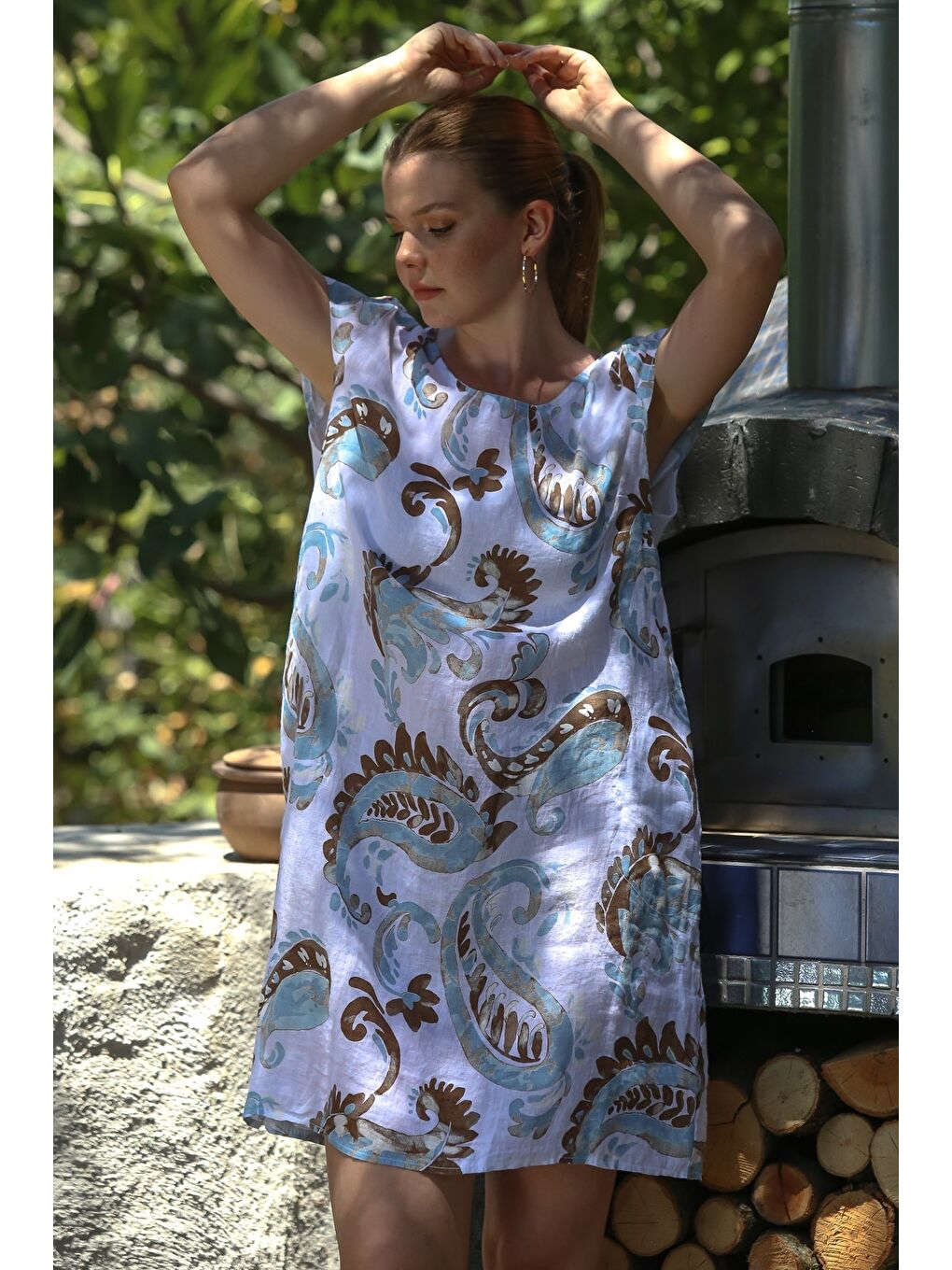 İtalyan Beyaz Kayık Yaka Düşük Kol Şal Desenli Gizli Cepli Casual Keten Dokuma Elbise 100 65-5