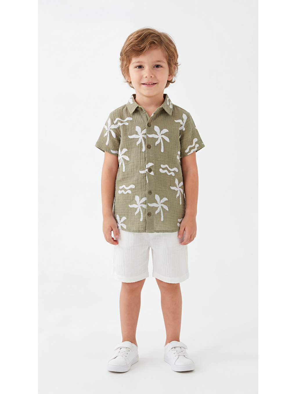 Yeşil Tüm Alan Baskılı Erkek Çocuk Gömlek & Şort Takımı