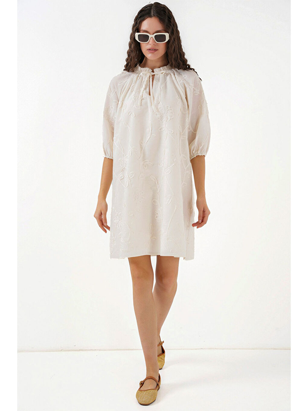 Ekru Kadın Desenli Kısa Elbise 2528 - Krem-1