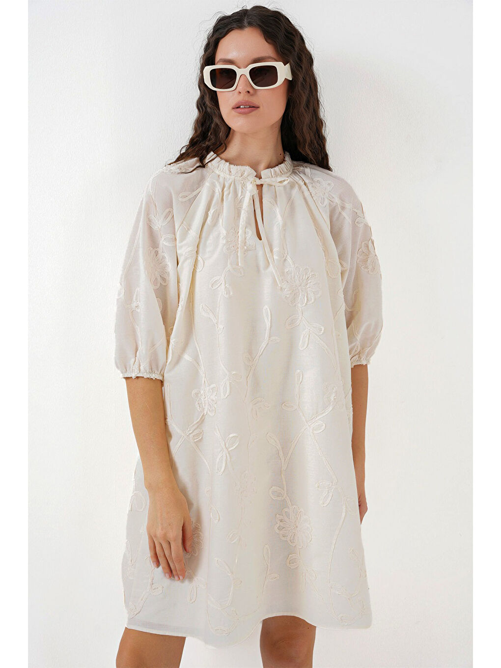 Ekru Kadın Desenli Kısa Elbise 2528 - Krem-3