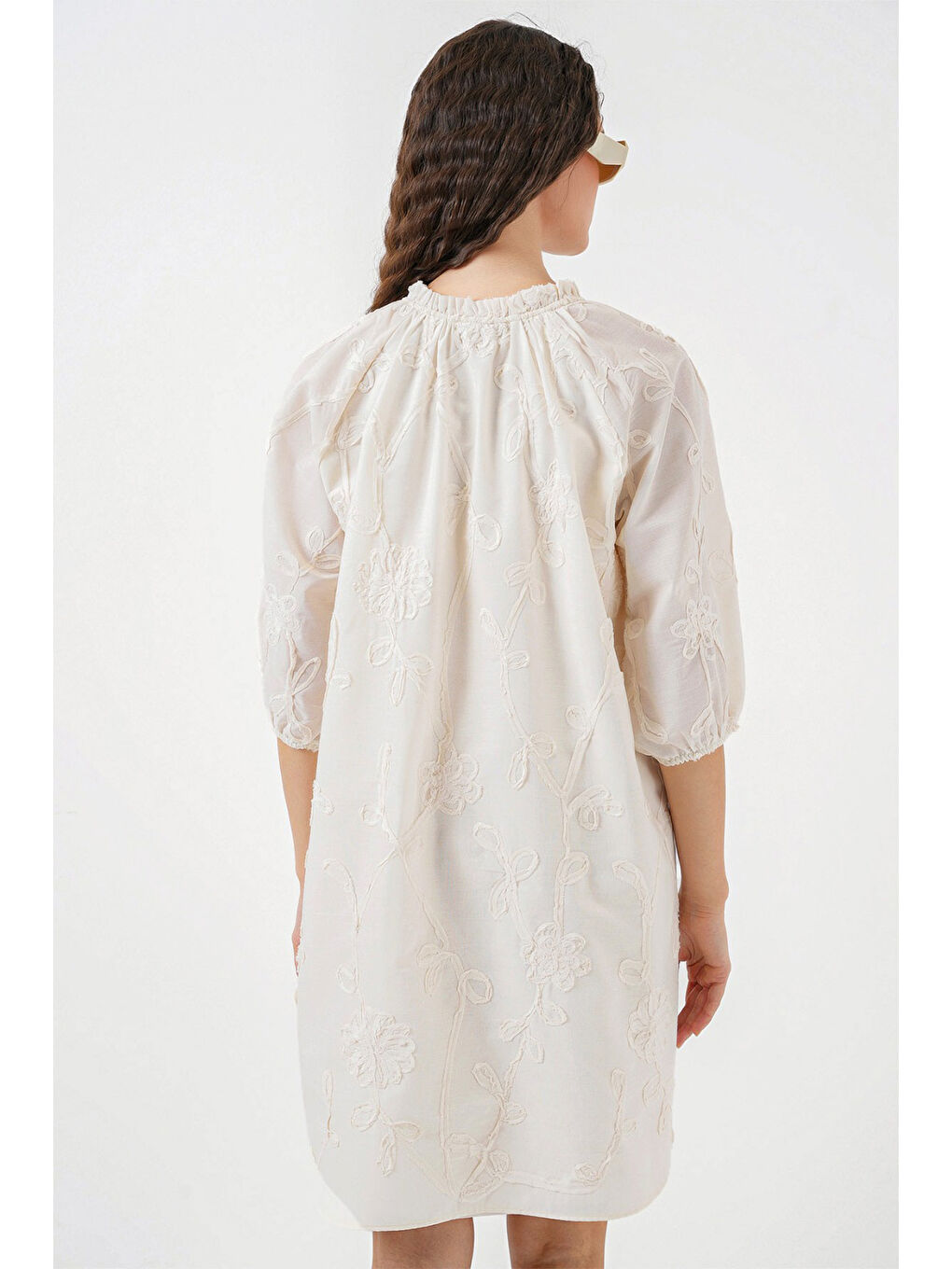 Ekru Kadın Desenli Kısa Elbise 2528 - Krem-5