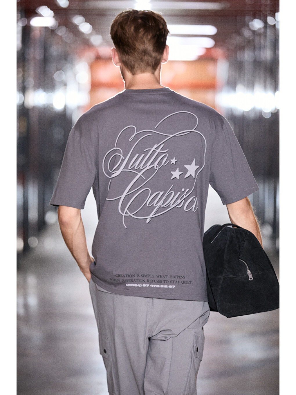 Gri CAPISO Erkek %100 Organik Pamuklu Baskı Detaylı Regular Fit Yuvarlak Yaka KOYU GRİ T-Shirt-4