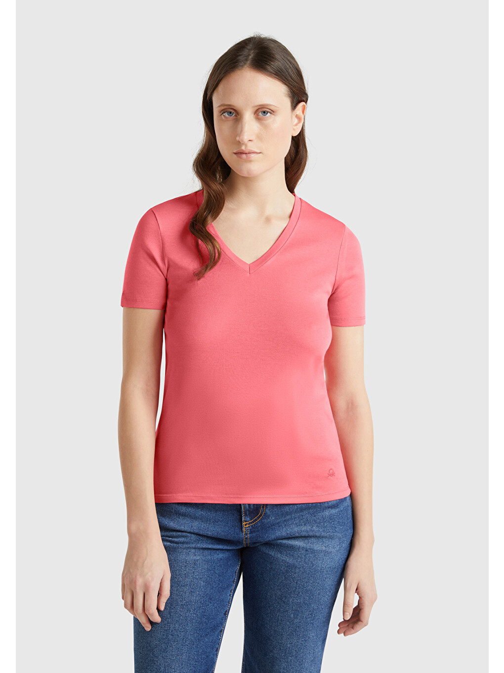 Kadın Pembe %100 Pamuk V Yaka Basic T-shirt
