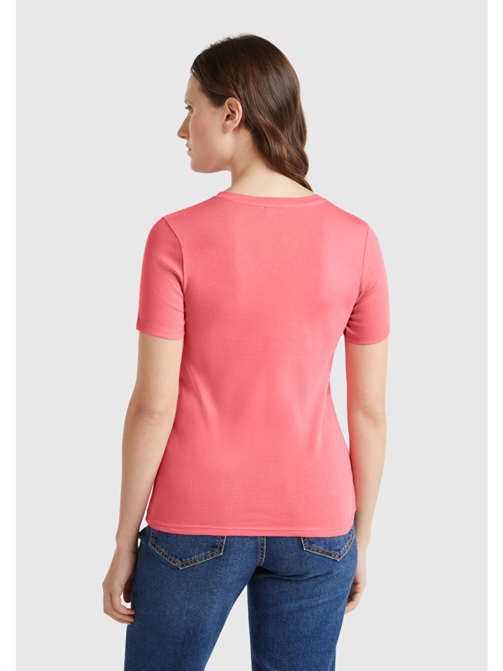 Kadın Pembe %100 Pamuk V Yaka Basic T-shirt-2