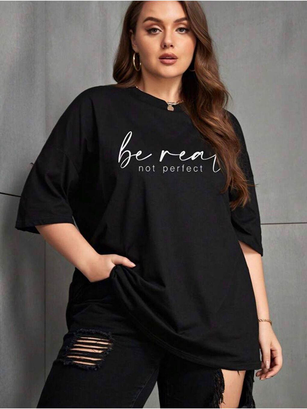 Siyah Be Real Kadın Büyük Beden Battal Baskılı Bisiklet Yaka Pamuklu T-Shirt Rahat Kesim Unisex Sevgili Ko-1