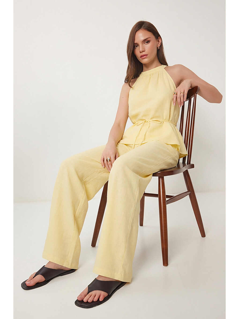 Sarı Bağlama Detaylı Bluz Pantolon Keten Takım SARI LBY0052-2