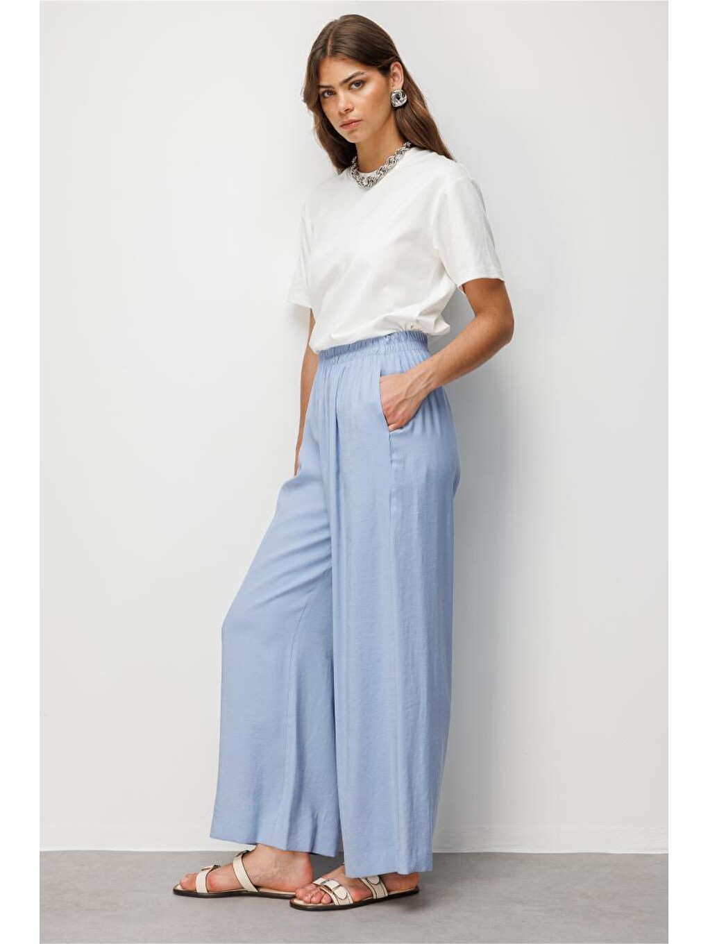 Beli Lastikli Modal Dokulu Mavi Pantolon-2
