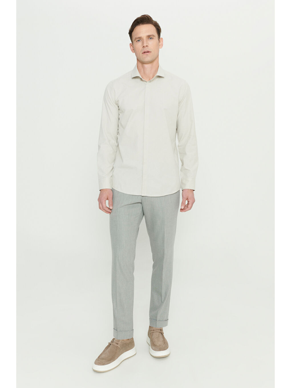 Erkek Açık Haki Slim Fit Dar Kesim Klasik Yaka Pamuklu Armürlü Gömlek-1