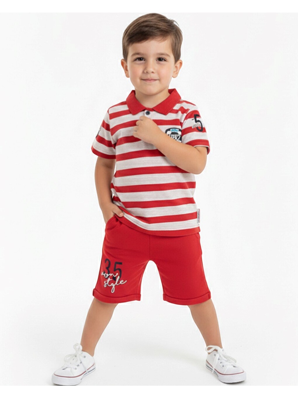 Kırmızı Erkek Çocuk Günlük Çizgili Polo Yakalı T-shirt Ve Şort Alt Üst Takımı