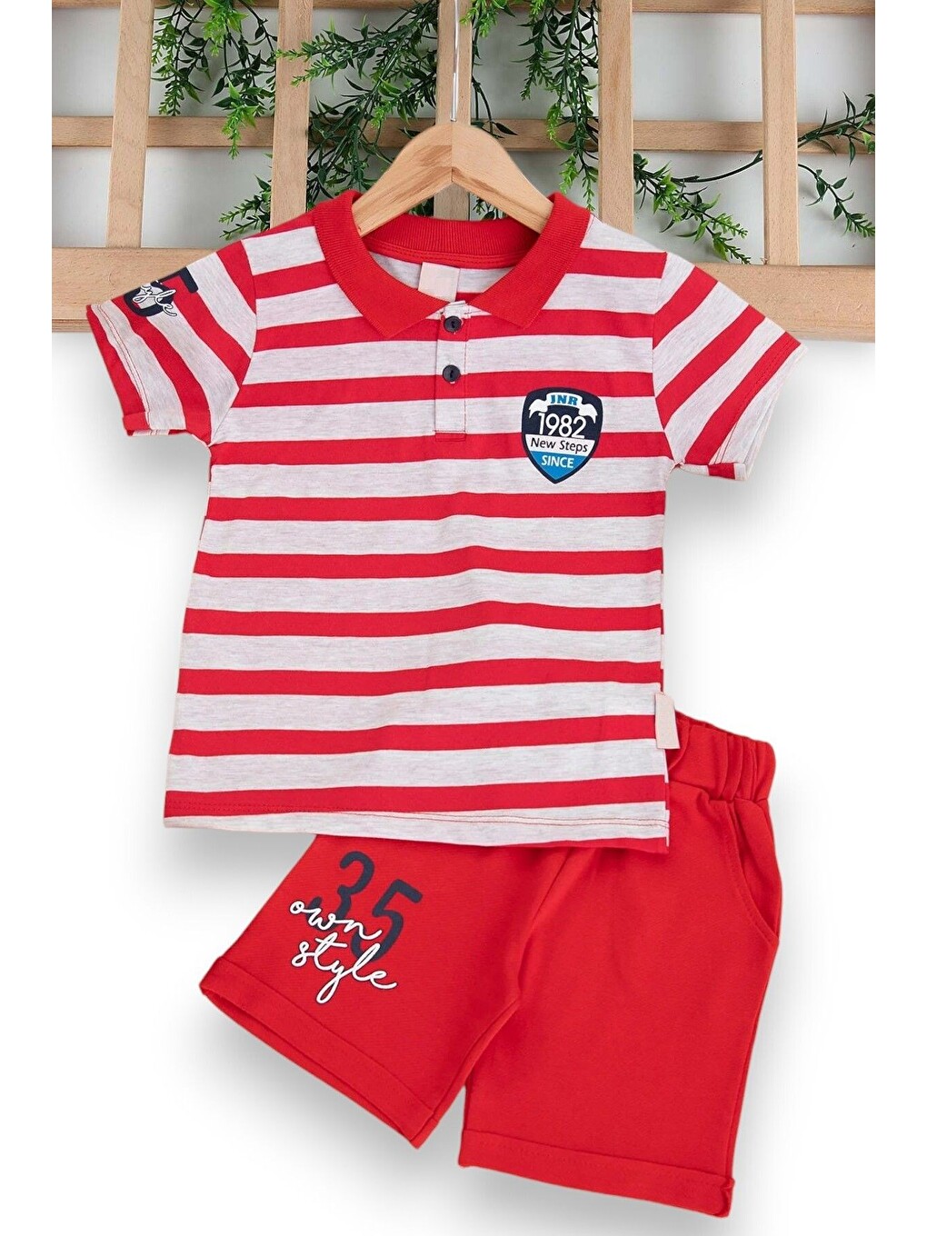 Kırmızı Erkek Çocuk Günlük Çizgili Polo Yakalı T-shirt Ve Şort Alt Üst Takımı-1