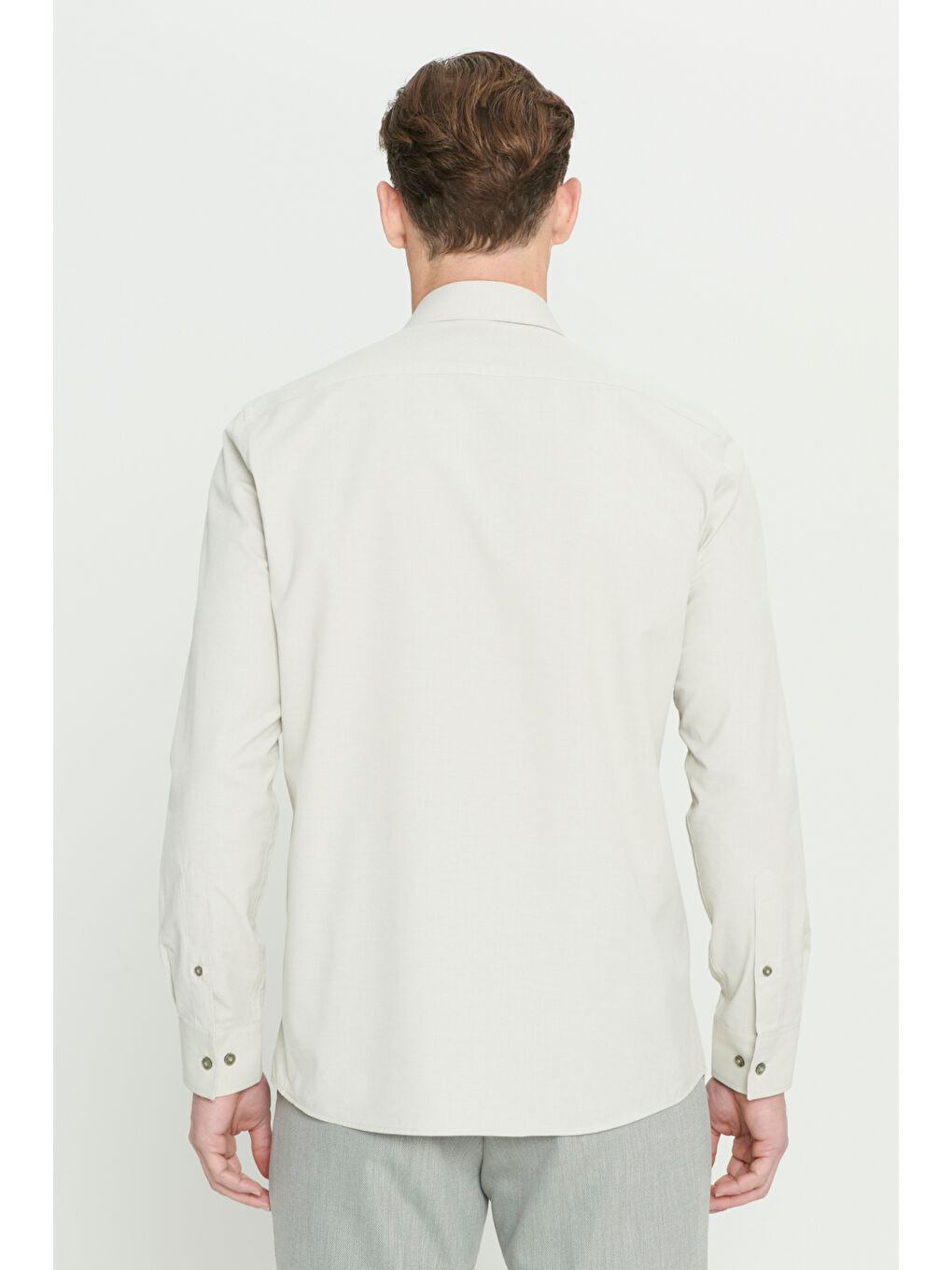 Erkek Açık Haki Slim Fit Dar Kesim Klasik Yaka Pamuklu Armürlü Gömlek-4