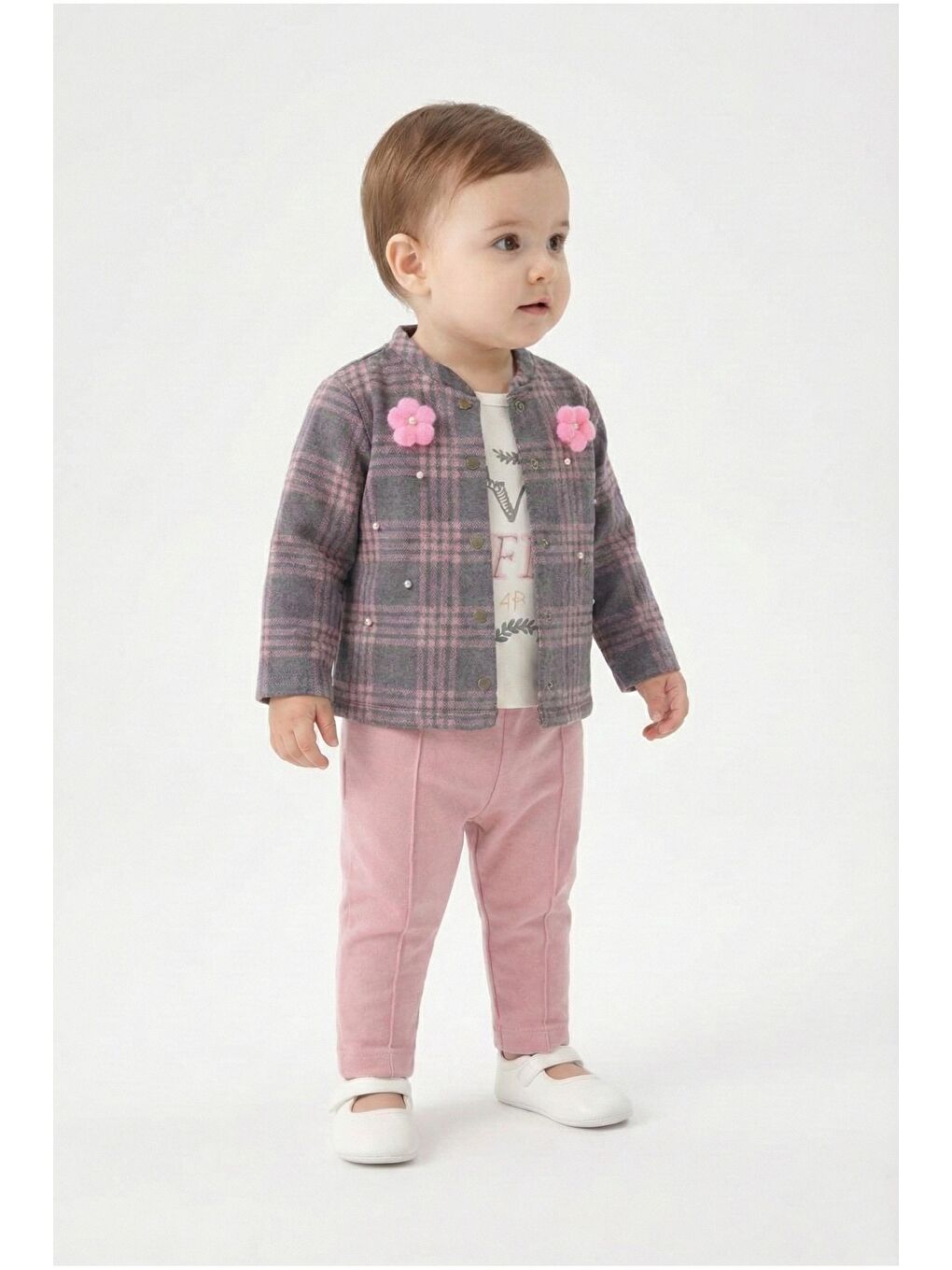 Pembe Ekose Desenli Çiçek Aksesuarlı 3lü Bebek Takımı