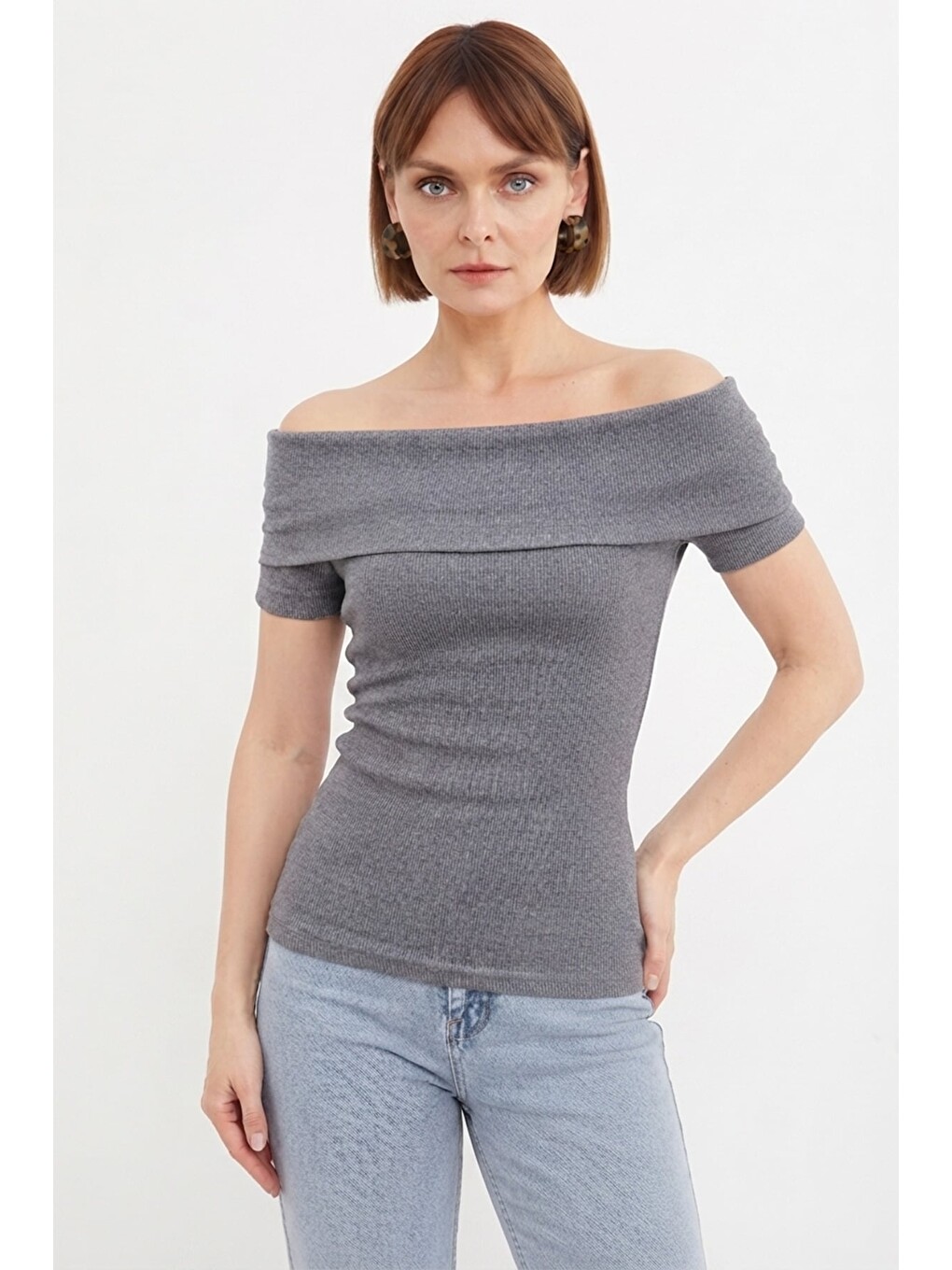 Antrasit Fitilli Madonna Yaka Slim Fit Bluz