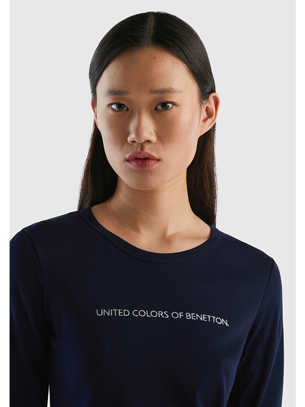 United Colors Of Benetton Lacivert Kadın Lacivert  100 Pamuk Bisiklet Yaka Benetton Yazılı Uzun Kollu T Shirt - 4