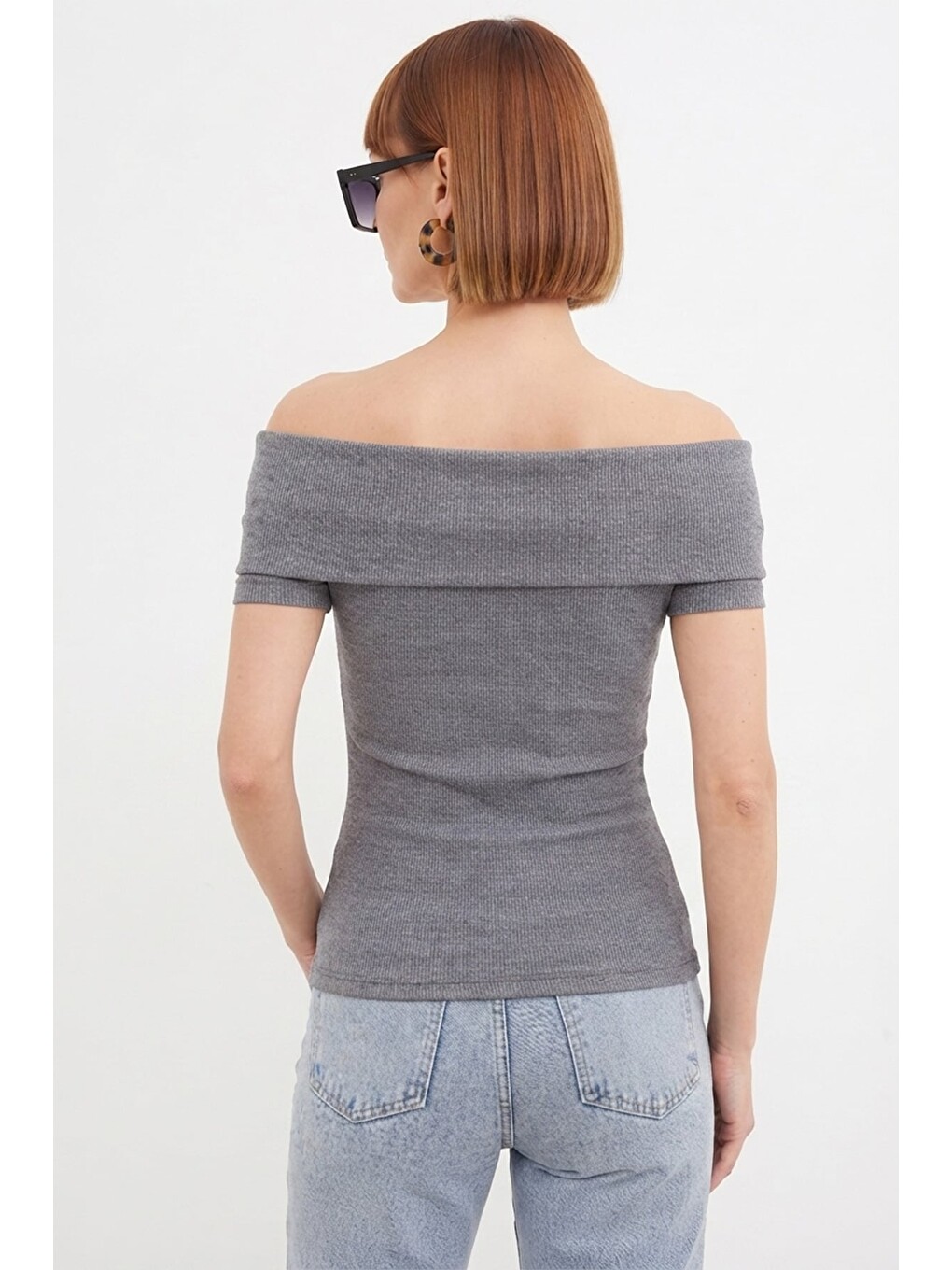 Antrasit Fitilli Madonna Yaka Slim Fit Bluz-1