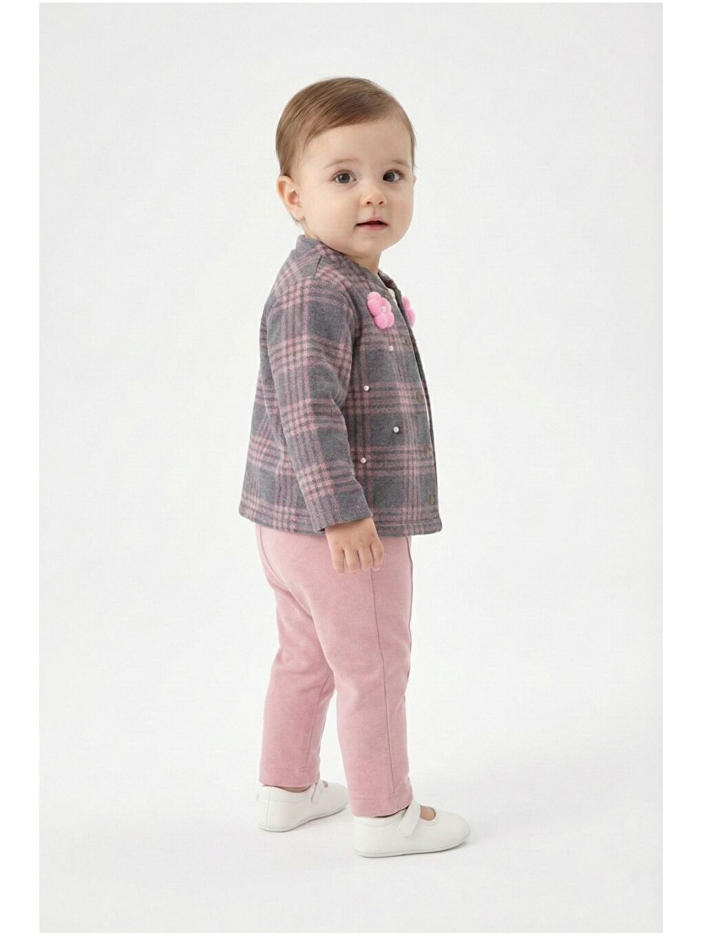 Pembe Ekose Desenli Çiçek Aksesuarlı 3lü Bebek Takımı-1