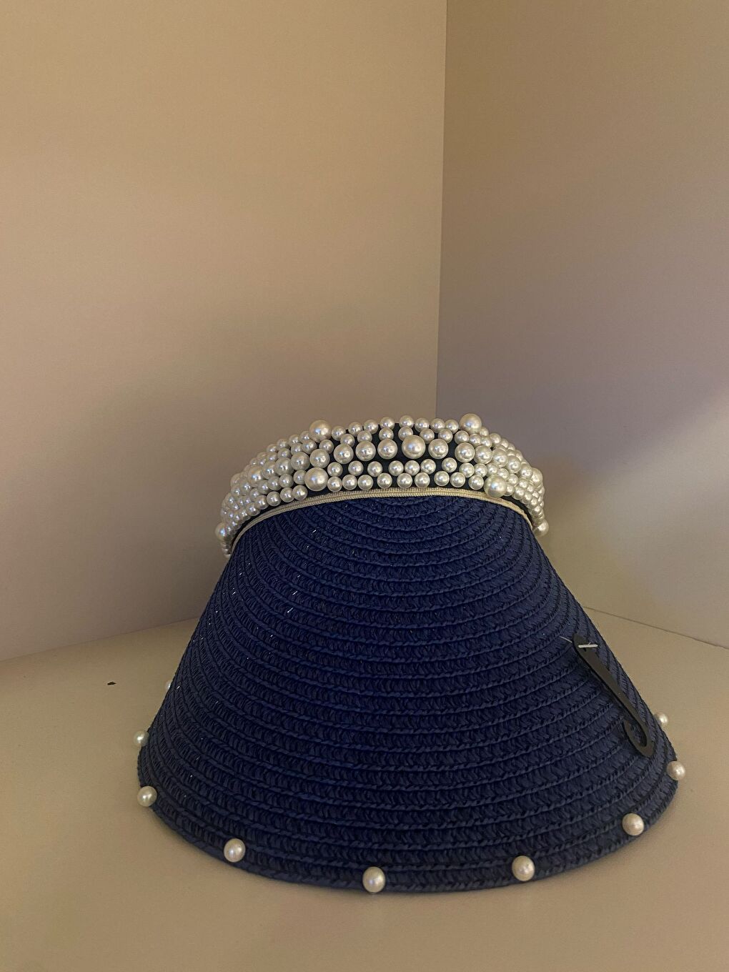 Lacivert İnci Detaylı Hasır Vizör Şapka Oval Tasarım Yaz Aksesuarı HSR2086